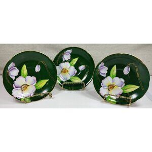 Silver China Occupied Japan Green Hand Painted Flowers Gold Trim Saucer Set Of 3
